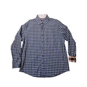 Tasso Elba Mens Casual Button Up Blue Plaid Contrast Cuff Dress Shirt XL 17